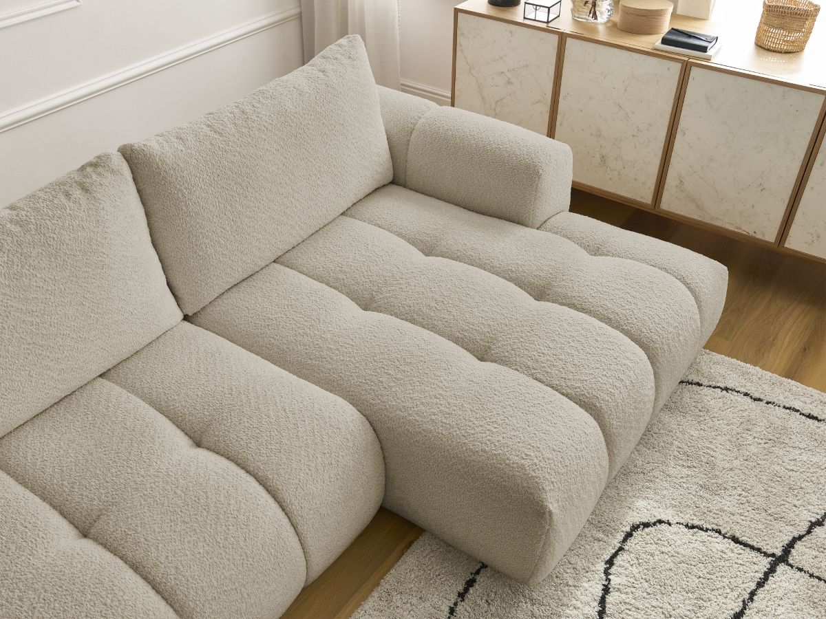 Bobochic Fuji Ecksofa mit Schlaffunktion und Bettkasten und Pouf 292 × 160 cm Bouclé-Stoff Beige Ecke rechts