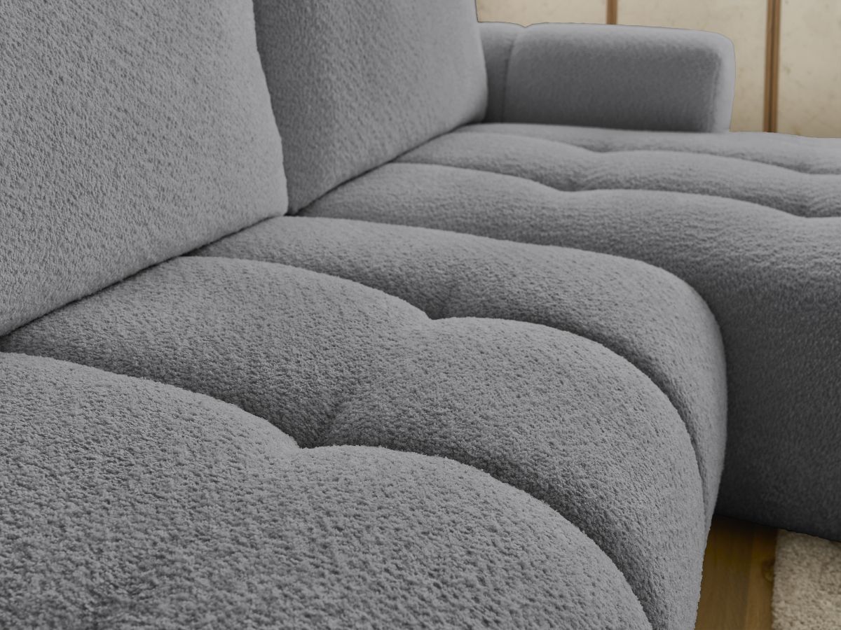 Bobochic Fuji Ecksofa mit Schlaffunktion und Bettkasten und Pouf 292 × 160 cm Bouclé-Stoff Dunkelgrau Ecke rechts