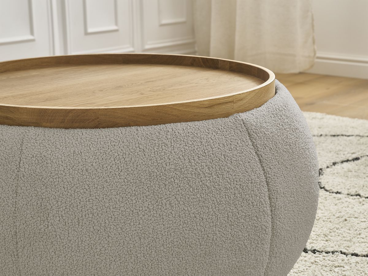 Bobochic Hayden Pouf mit Tablett, rund Bouclé-Stoff Taupe, 77 cm