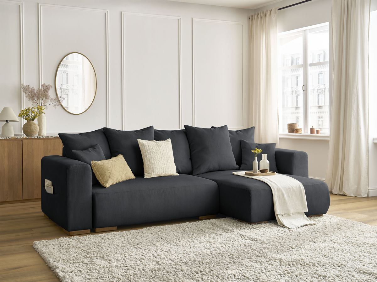 Bobochic Sidonie Ecksofa mit Schlaffunktion und Bettkasten Cordsamt Schwarz