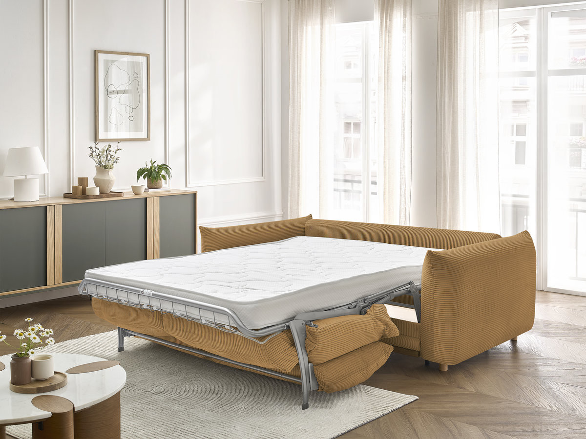 Bobochic Ernest Schlafsofa 3-Sitzer, Liegefläche 140 / 160 × 190 cm Cordsamt Gelb, Liegefläche 140 × 190 cm