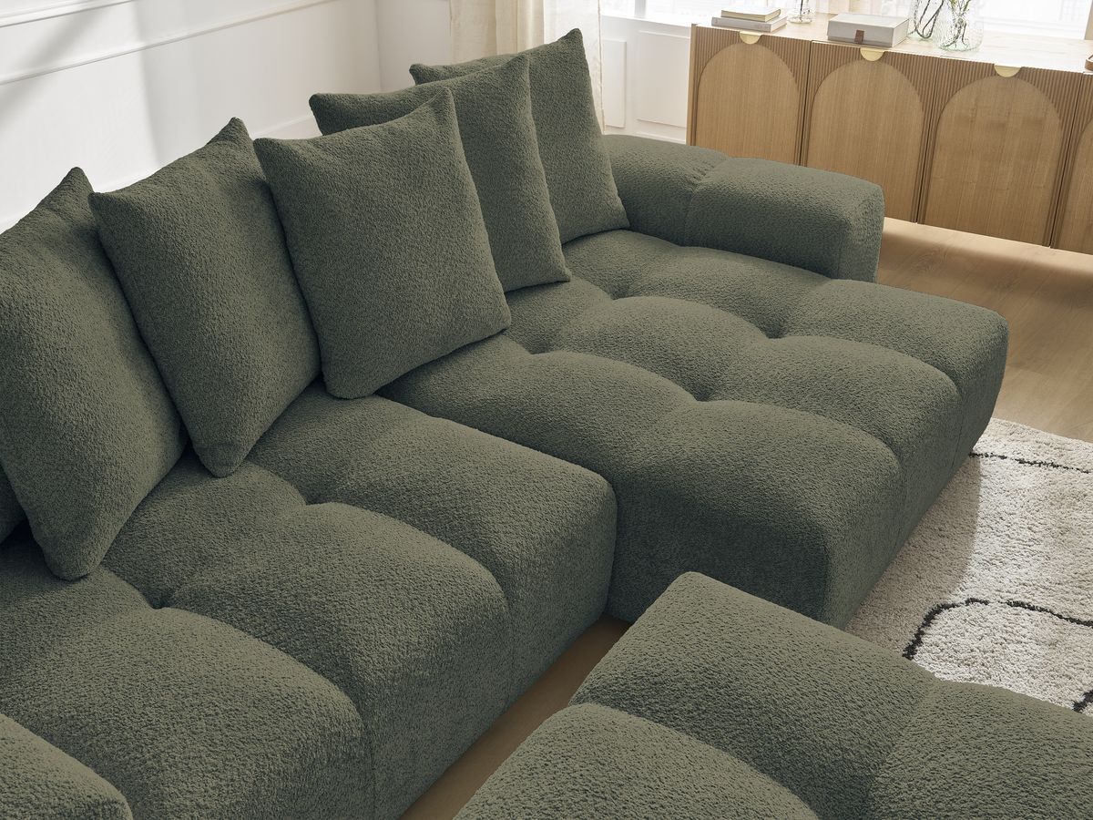 Bobochic Anakin Ecksofa mit Schlaffunktion und Bettkasten und Pouf, 6 Kissen Bouclé-Stoff Grün