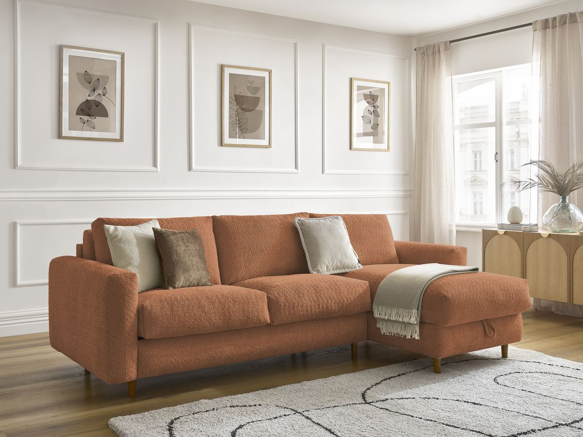 Bobochic Cocoone Ecksofa mit Schlaffunktion und Bettkasten Bouclé-Stoff Orange, Liegefläche 140 × 200 cm