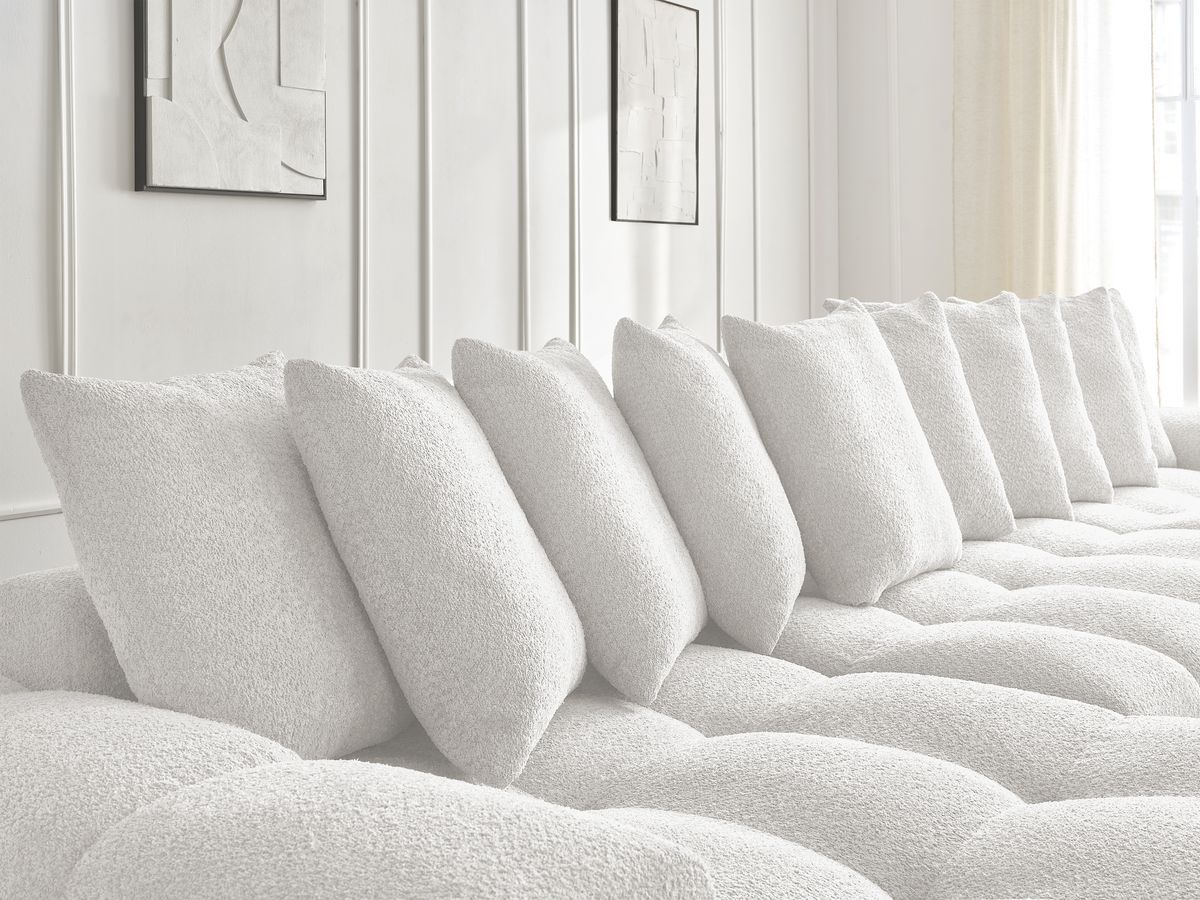 Bobochic Anakin Wohnlandschaft mit Pouf, Liegefläche 137 × 382 cm, 10 Kissen Bouclé-Stoff Weiß