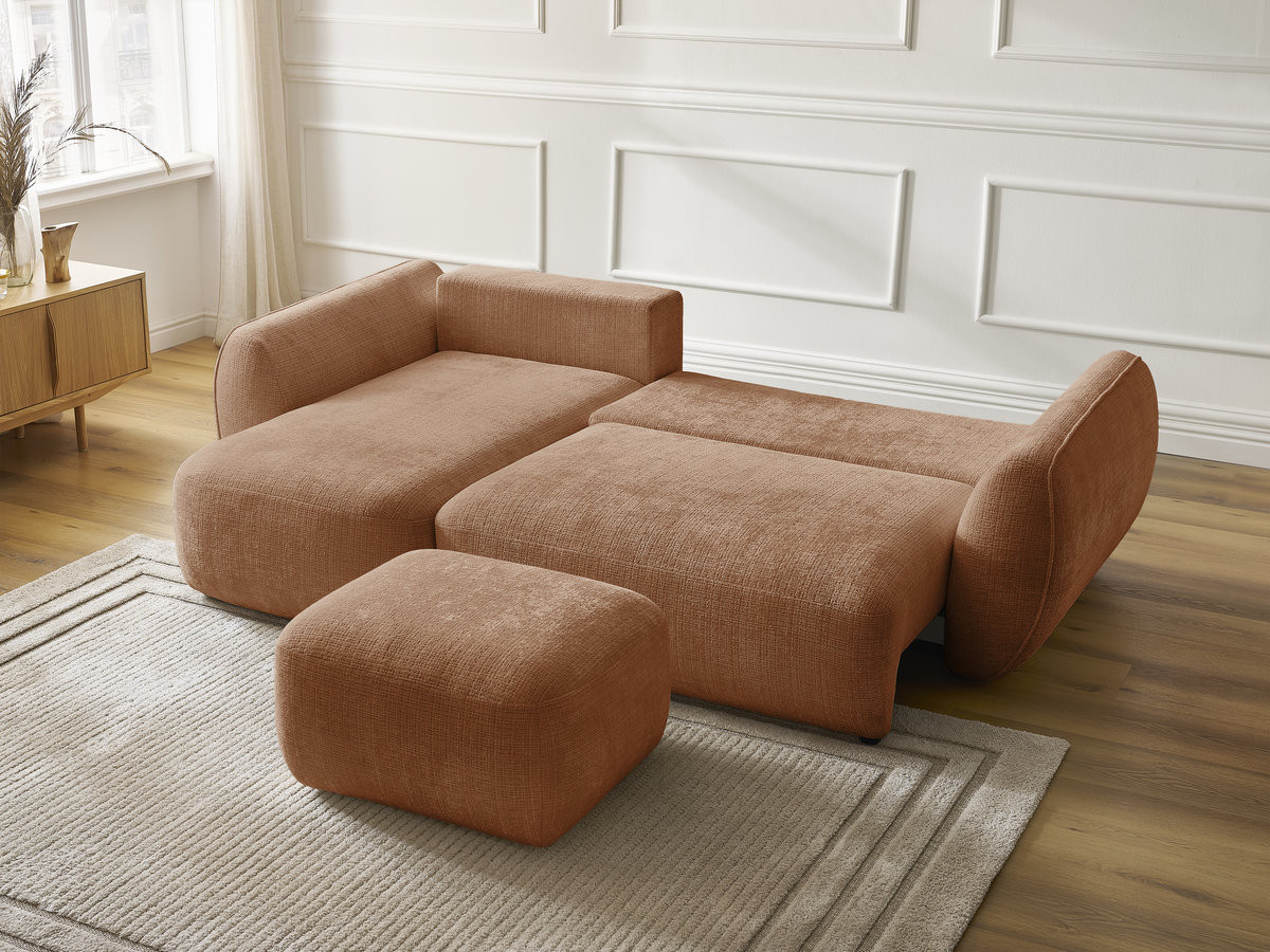 Bobochic Denise Ecksofa mit Schlaffunktion und Bettkasten und Pouf 258 × 160 cm Strukturstoff Orange Ecke links