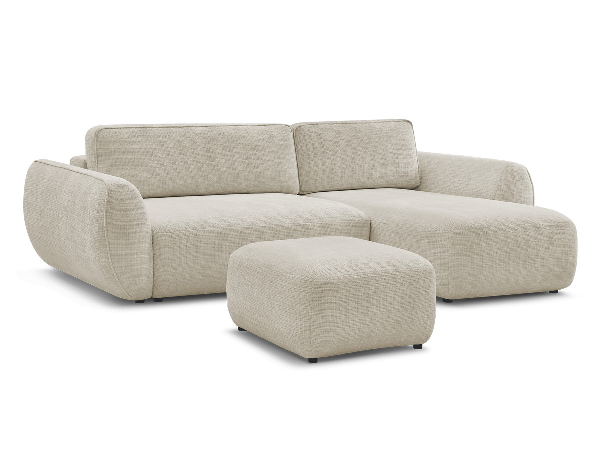 Bobochic Denise Ecksofa mit Schlaffunktion und Bettkasten und Pouf 258 × 160 cm Strukturstoff Beige Ecke rechts
