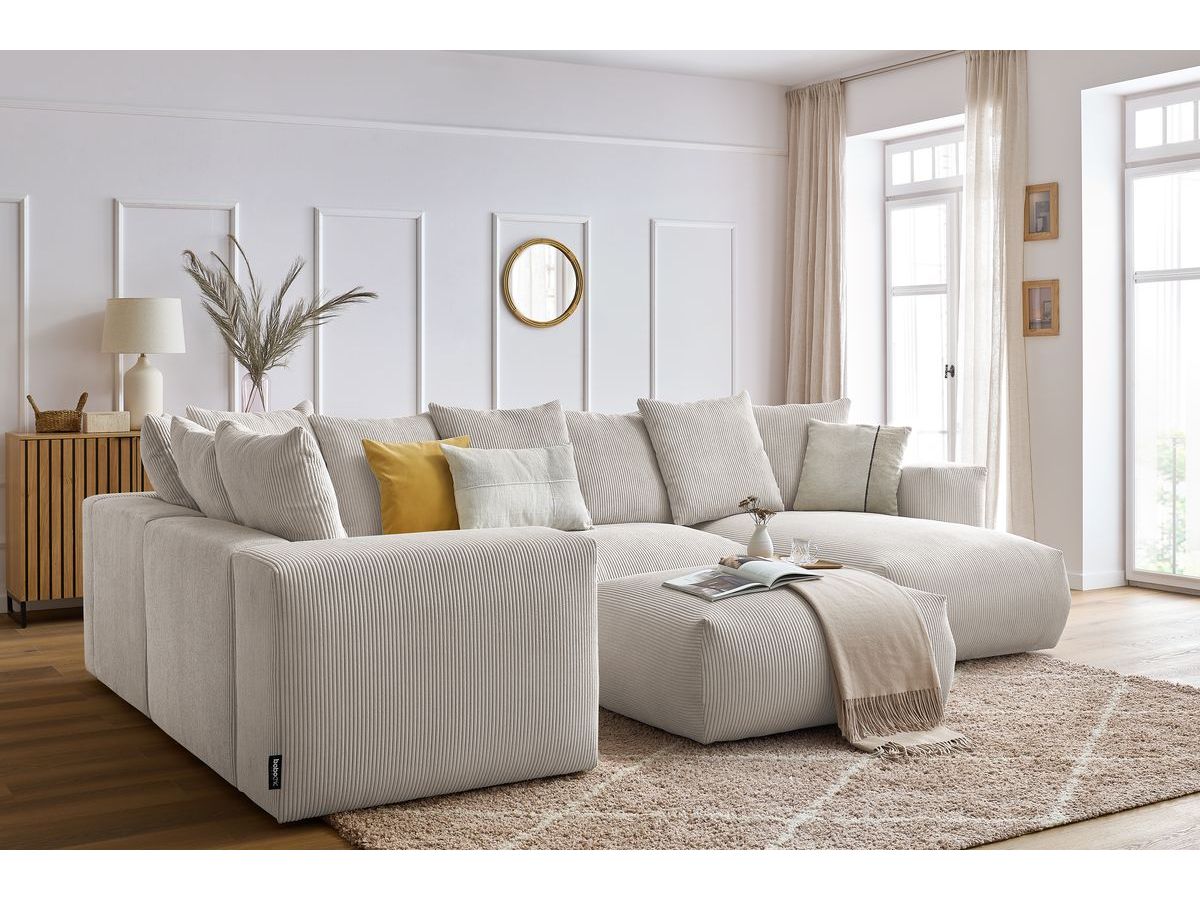 Bobochic Voltaire Wohnlandschaft mit Pouf 356 × 214 cm Cordsamt Beige Ecke rechts
