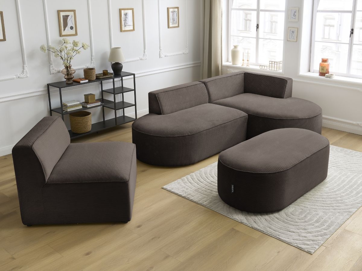 Bobochic Rousseau Ecksofa mit Sofamodul und Pouf Cordsamt Braun Ecke rechts