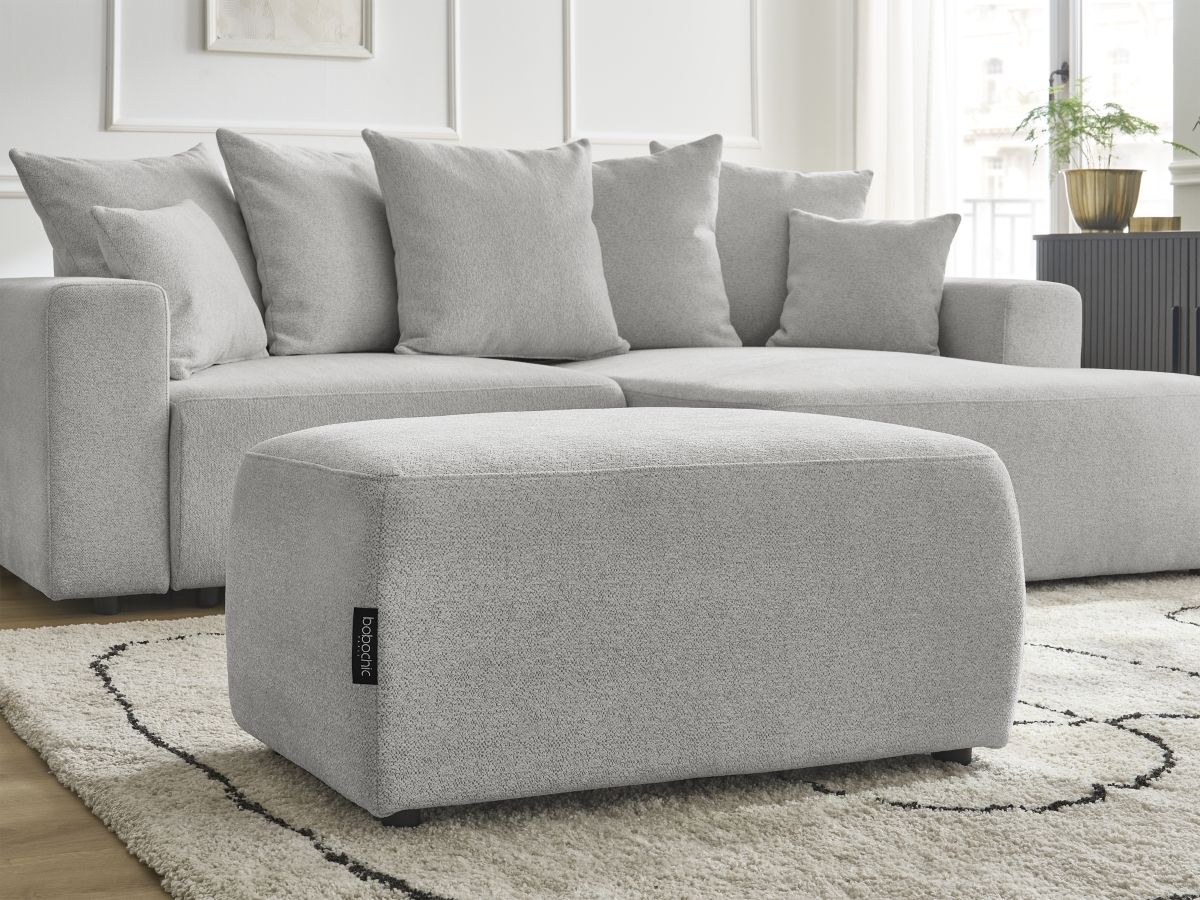 Bobochic Atilla Ecksofa mit Schlaffunktion und Bettkasten und Pouf Melange-Stoff Hellgrau Ecke rechts
