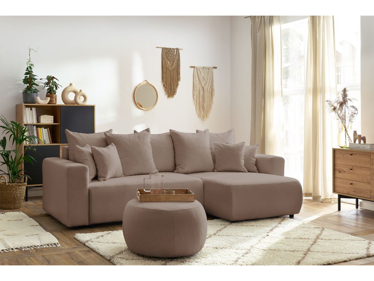 Bobochic Envy Ecksofa mit Schlaffunktion und Bettkasten und rundem Pouf Bouclé-Stoff Braun