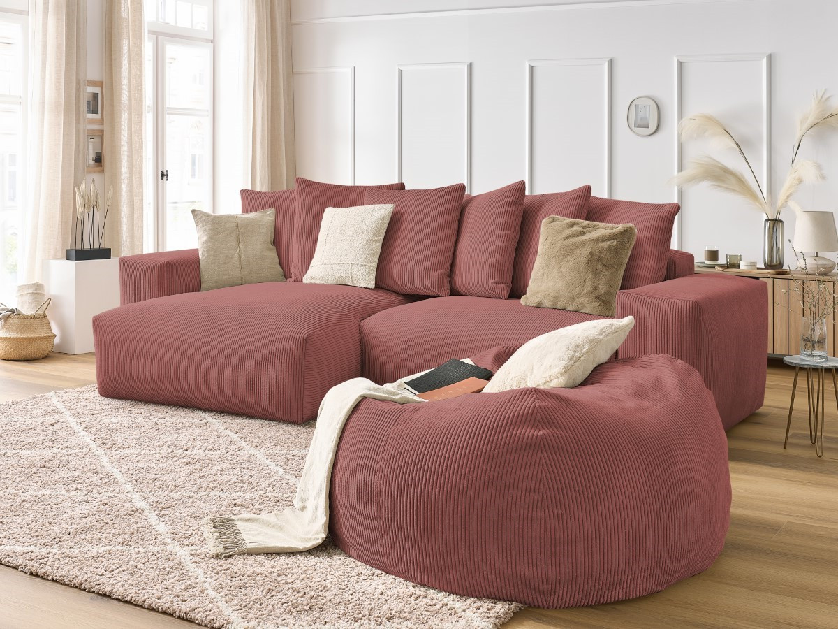 Bobochic Voltaire Ecksofa mit Pouf 310 × 174 cm Cordsamt Rosa