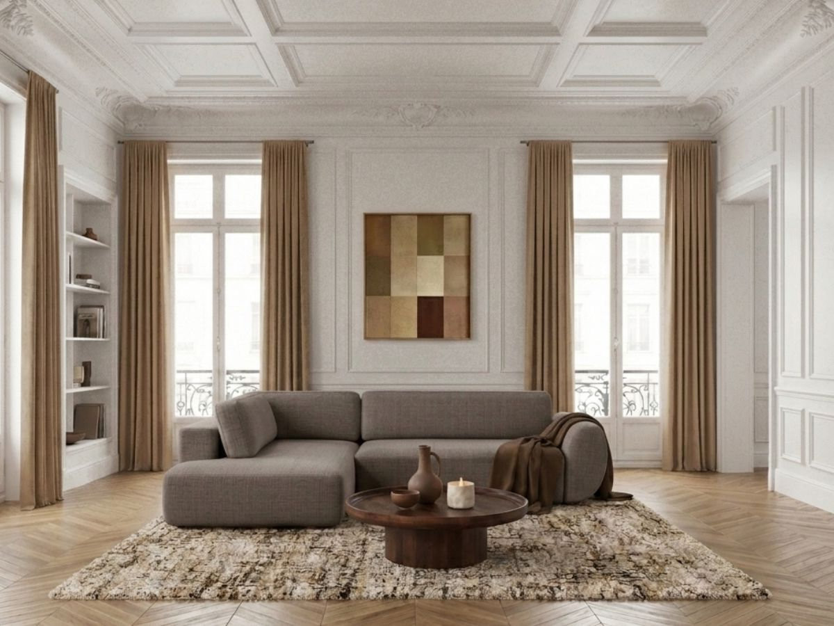 Bobochic Denise Ecksofa mit Schlaffunktion und Bettkasten 256 × 197 cm Strukturstoff Taupe Ecke links