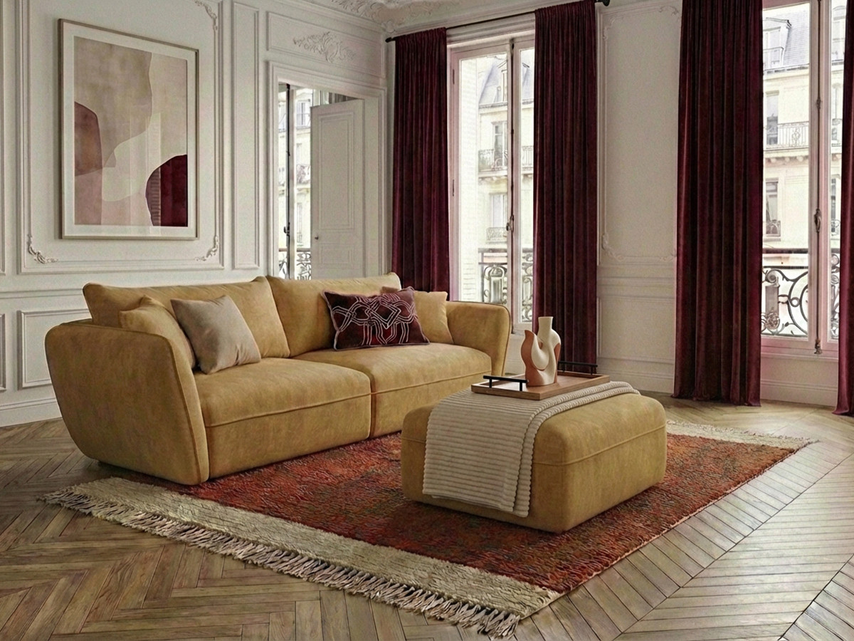 Bobochic Luigi Sofa 3-Sitzer mit Pouf Strukturstoff Gelb