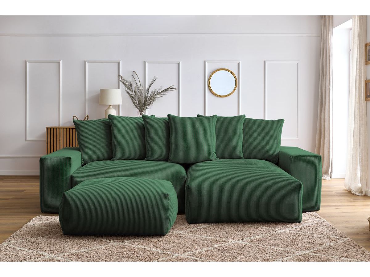 Bobochic Voltaire Ecksofa mit Schlaffunktion und Bettkasten und Pouf Cordsamt Grün