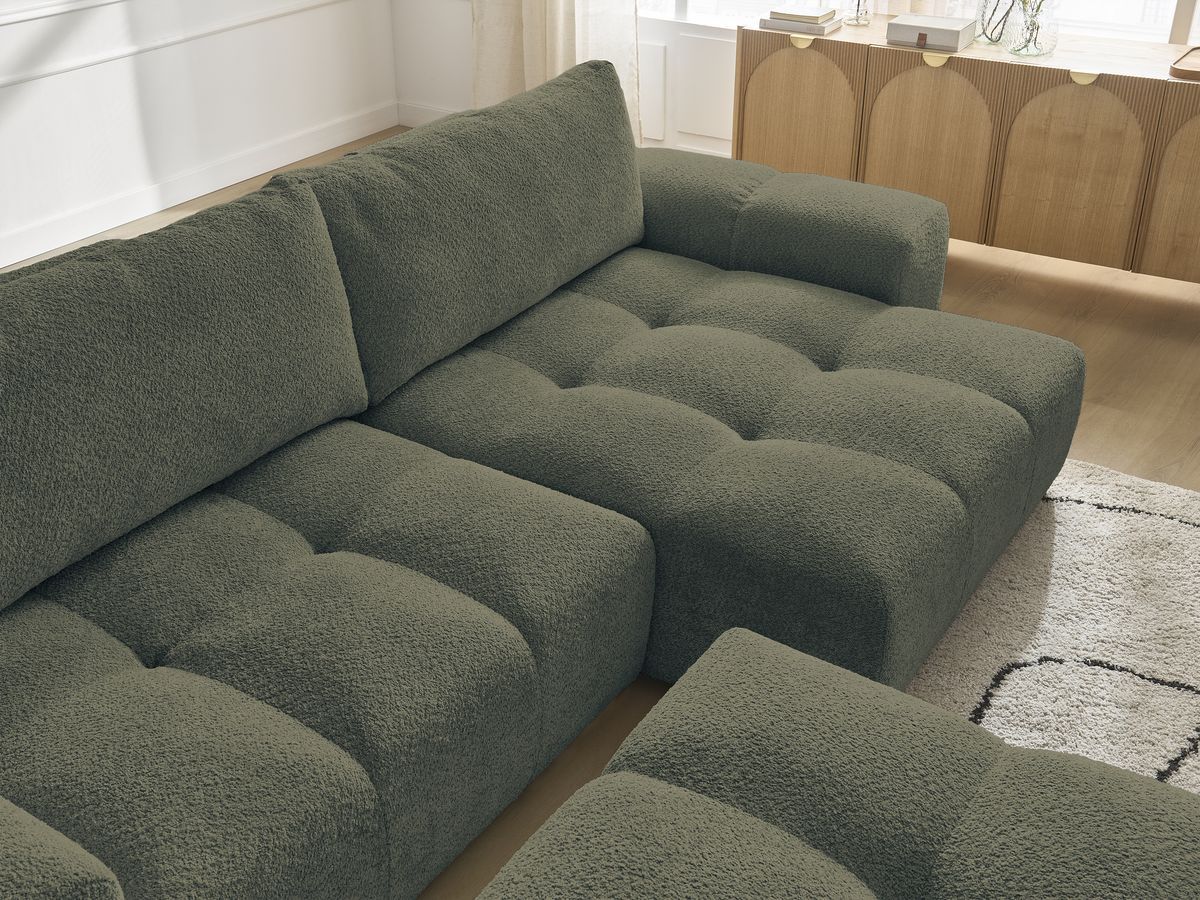 Bobochic Anakin Ecksofa mit Schlaffunktion und Bettkasten und Pouf, 2 Kissen Bouclé-Stoff Grün