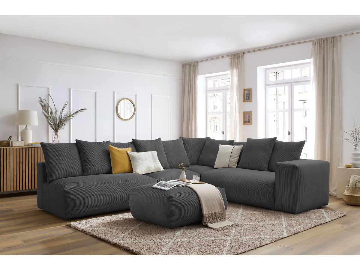 Bobochic Voltaire Ecksofa mit Pouf 322 × 268 cm Cordsamt Dunkelgrau Ecke rechts