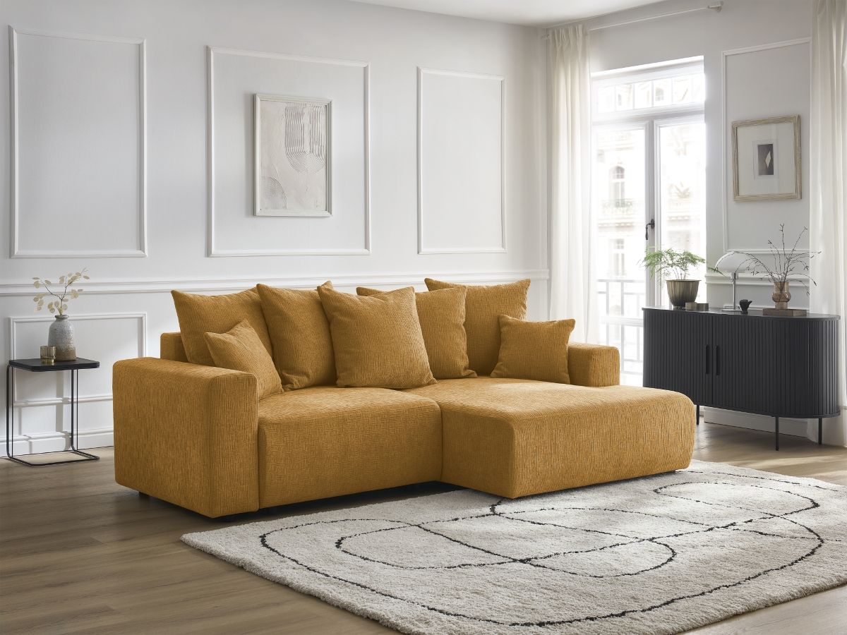 Bobochic Atilla Ecksofa mit Schlaffunktion und Bettkasten Strukturstoff Gelb Ecke rechts