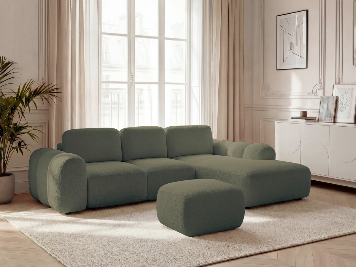 Bobochic Montaigne Ecksofa mit Schlaffunktion und Bettkasten und Pouf 288 × 196 cm Bouclé-Stoff Grün Ecke rechts