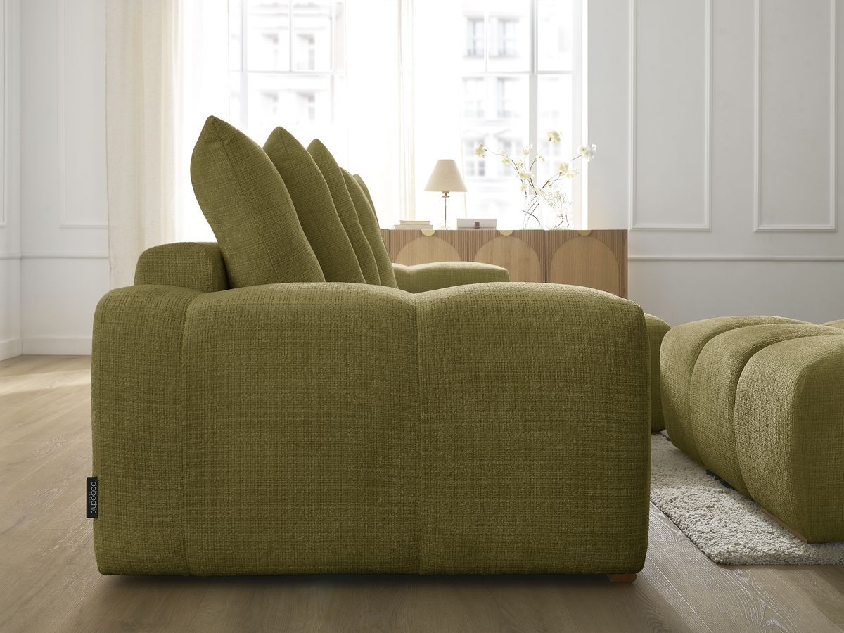 Bobochic Anakin Ecksofa mit Schlaffunktion und Bettkasten und Pouf, 6 Kissen Strukturstoff Grün