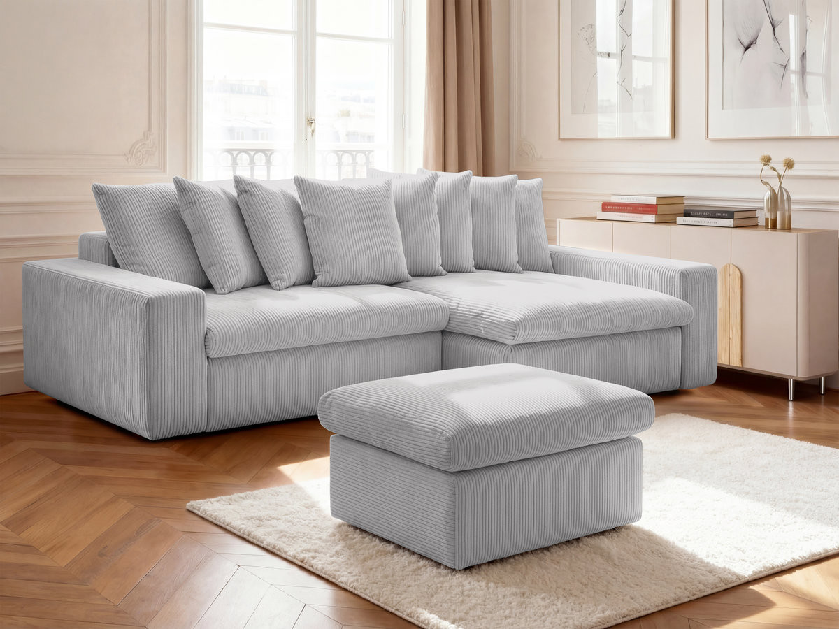 Bobochic Enore Ecksofa mit Pouf Cordsamt Hellgrau Ecke rechts