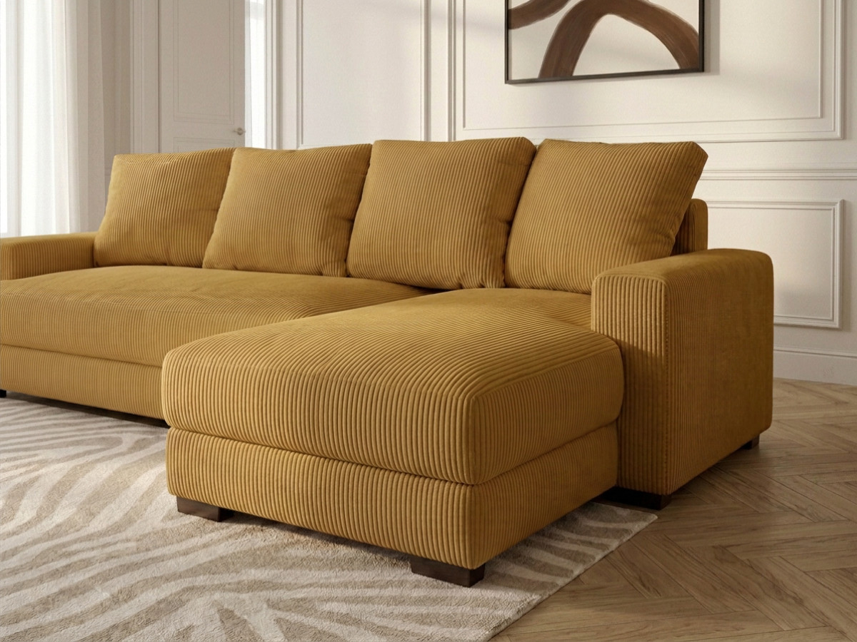 Bobochic Campi Ecksofa mit Schlaffunktion und Bettkasten Cordsamt Gelb Ecke rechts