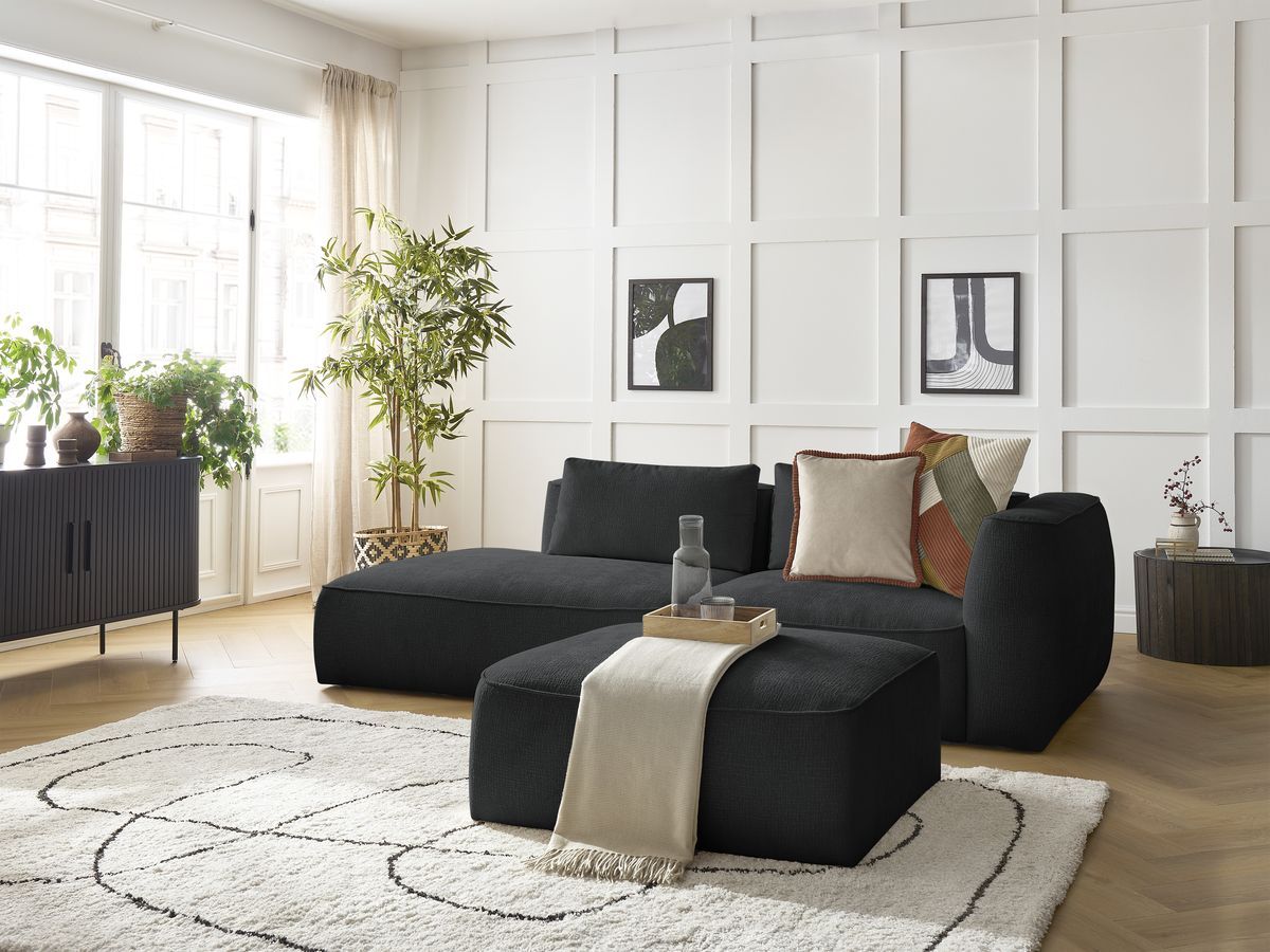 Bobochic Leopold Sofa 4-Sitzer mit Pouf Strukturstoff Schwarz Armlehne rechts