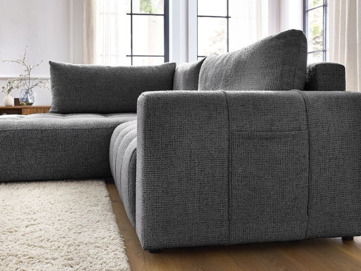 Bobochic Arsene Ecksofa mit Schlaffunktion und Bettkasten 277 × 200 cm Melange-Stoff Dunkelgrau Ecke links