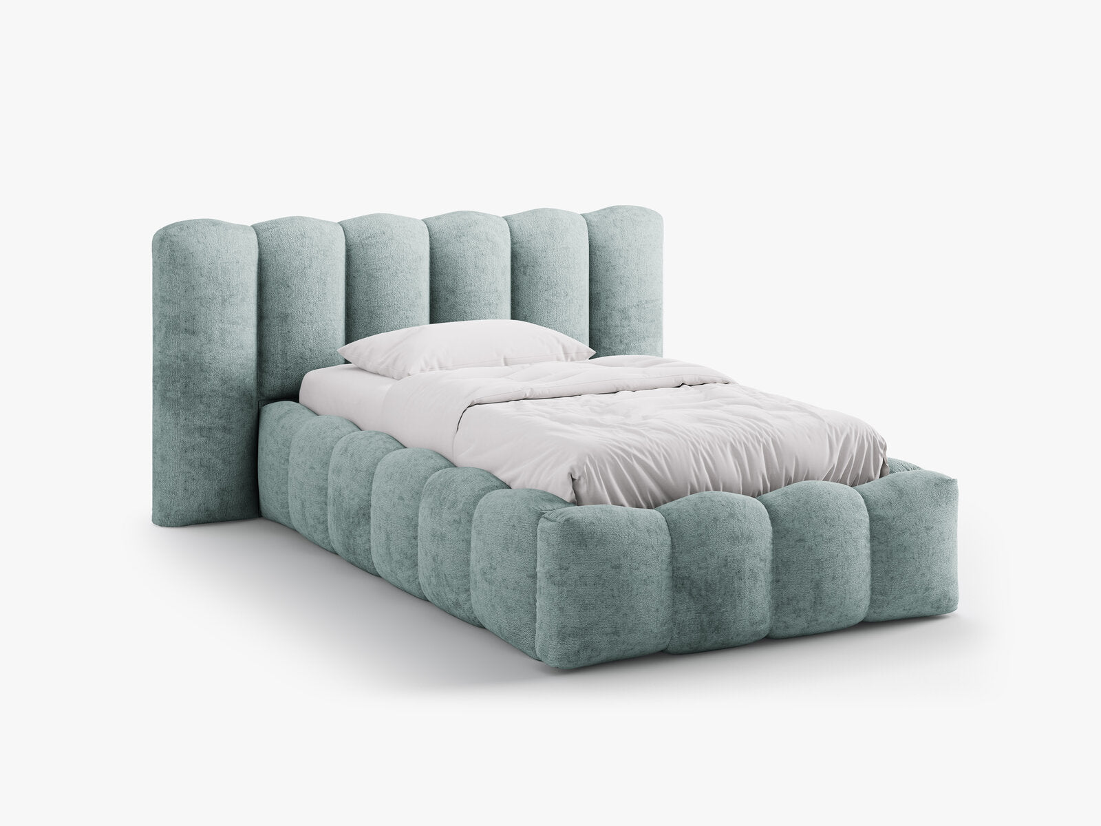 Micadoni Stauraumbett mit Kopfteil Lupine Chenille Perfect Harmony Hellblau 90x200