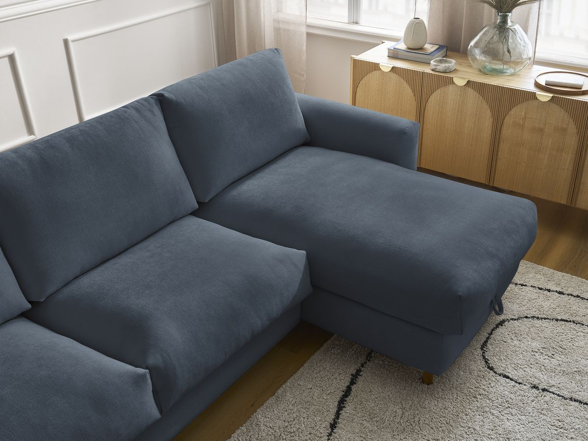 Bobochic Cocoone Ecksofa mit Schlaffunktion und Bettkasten Stoff Dunkelblau, Liegefläche 160 × 200 cm