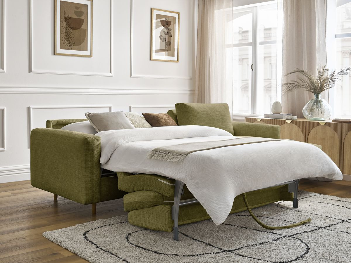 Bobochic Cocoone Ecksofa mit Schlaffunktion und Bettkasten Strukturstoff Grün, Liegefläche 140 × 200 cm