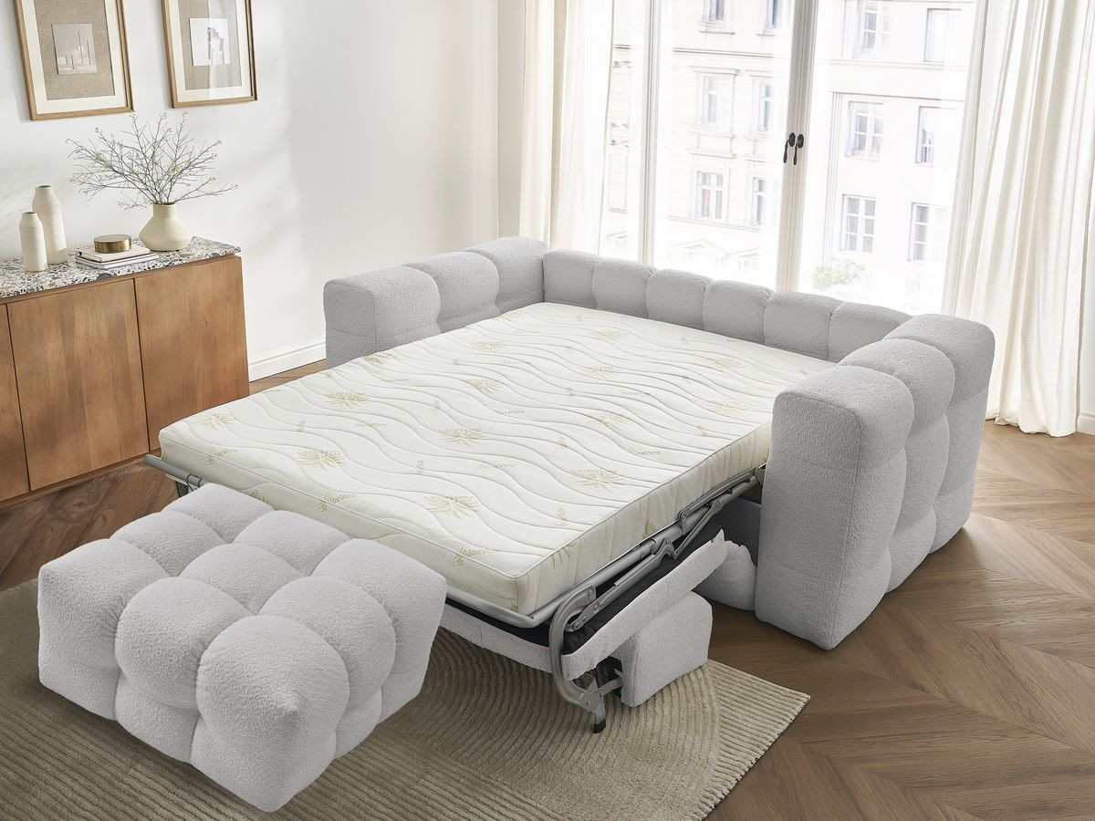 Bobochic Cloud Schlafsofa 3-Sitzer mit Pouf Bouclé-Stoff Hellgrau
