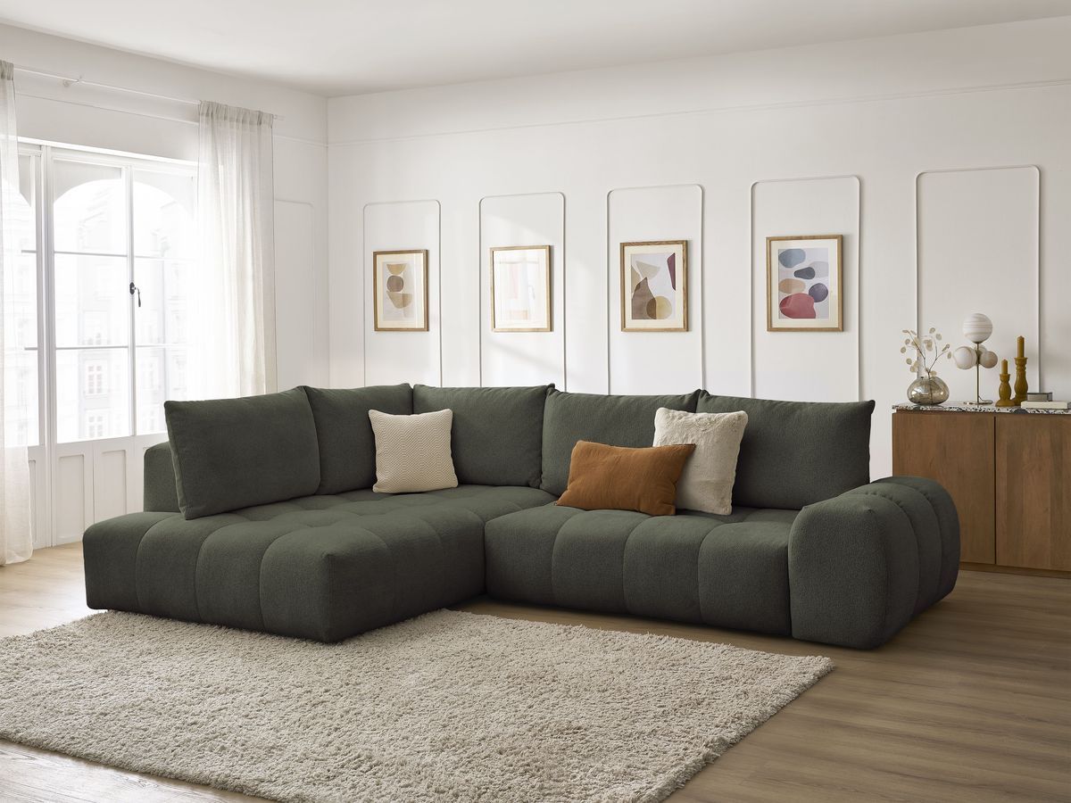 Bobochic Everest Ecksofa mit Schlaffunktion und Bettkasten 320 × 212 cm, 5 Kissen Melange-Stoff Grün Ecke links