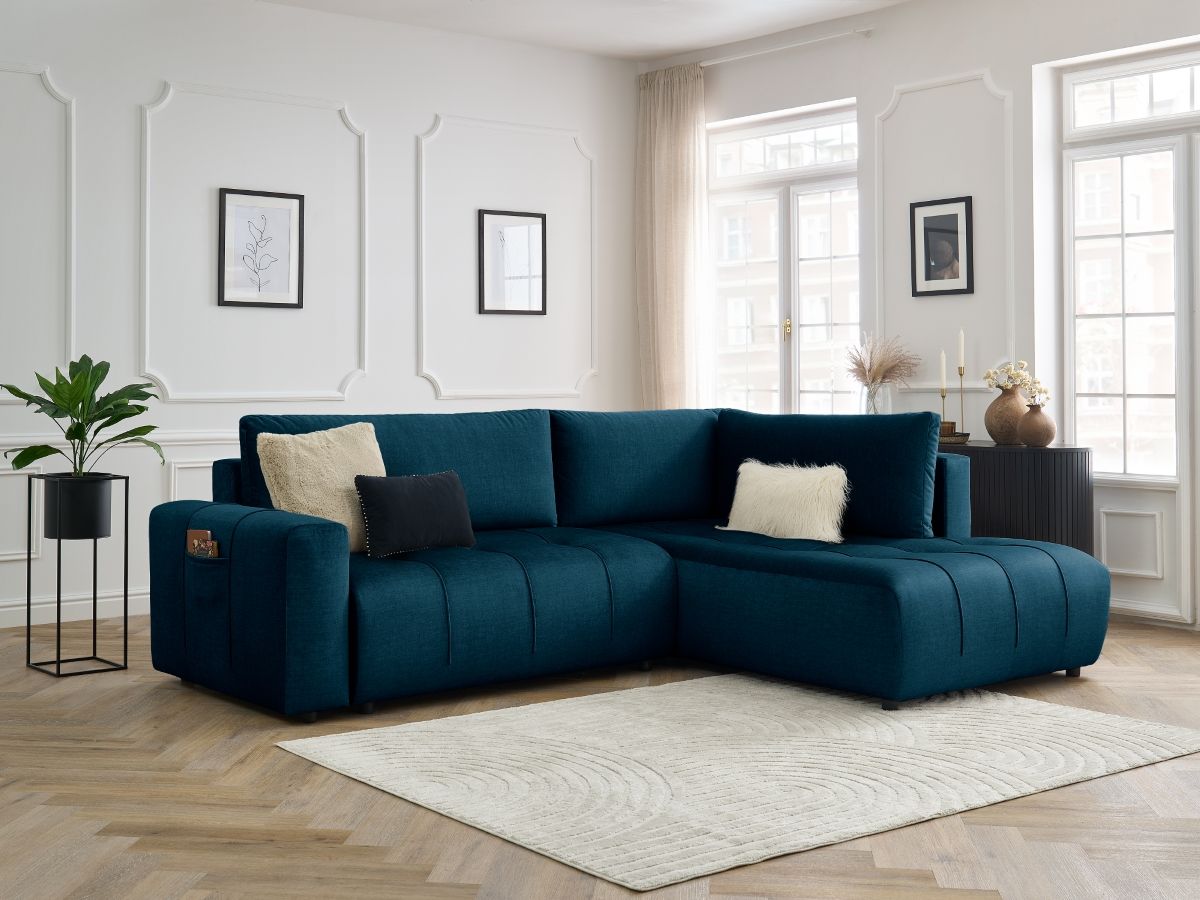 Bobochic Arsene Ecksofa mit Schlaffunktion und Bettkasten 277 × 200 cm Samt Dunkelblau Ecke rechts