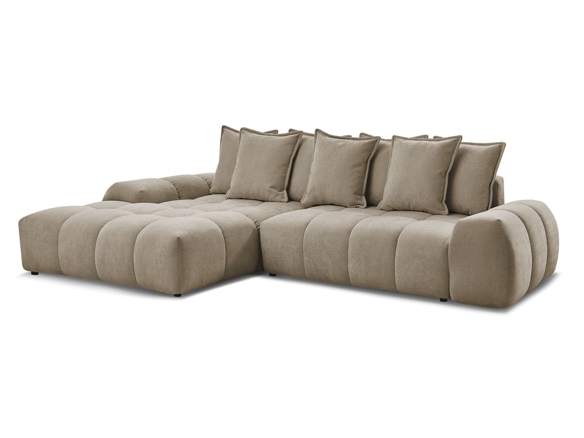 Bobochic Everest Ecksofa mit Schlaffunktion und Bettkasten 318 × 180 cm, 7 Kissen Strukturstoff Taupe Ecke links