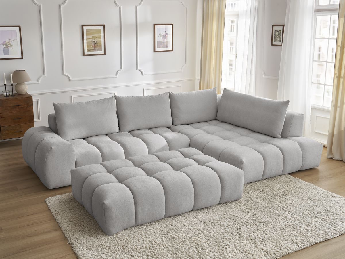 Bobochic Everest Ecksofa mit Schlaffunktion und Pouf, 4 Kissen Strukturstoff Hellgrau Ecke rechts