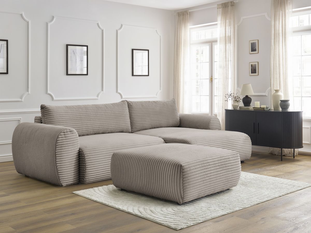 Bobochic Lucien Ecksofa mit Schlaffunktion und Bettkasten und Pouf 314 × 167 cm Breitcord weich Taupe Ecke rechts