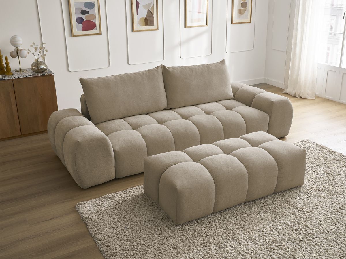 Bobochic Everest Sofa 3-Sitzer mit Pouf, 2 Kissen Strukturstoff Taupe
