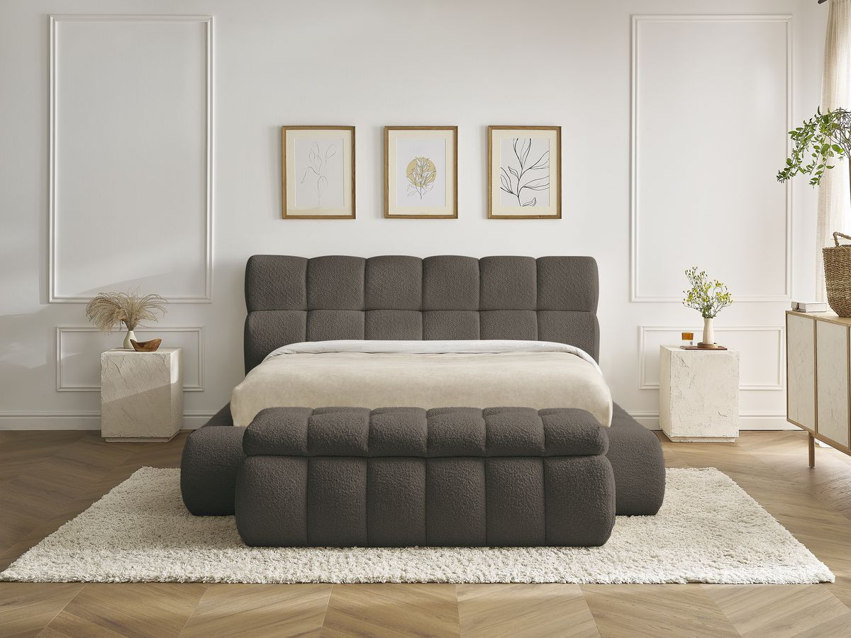 Bobochic Mont-blanc Polsterbett mit Bettkasten mit Bettbank Bouclé-Stoff Braun, Liegefläche 140 × 190 cm