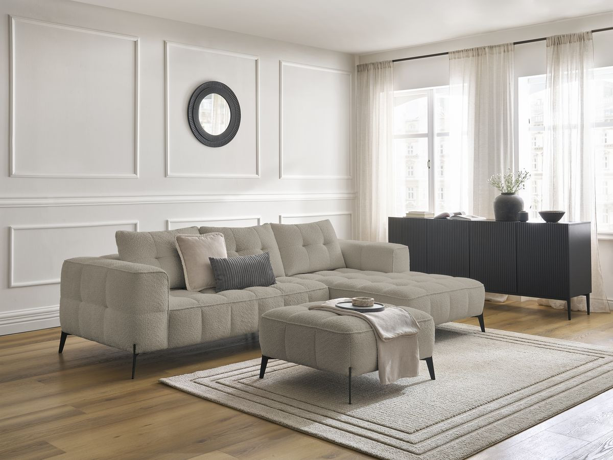 Bobochic Anis Ecksofa mit Pouf Bouclé-Stoff Taupe Ecke rechts