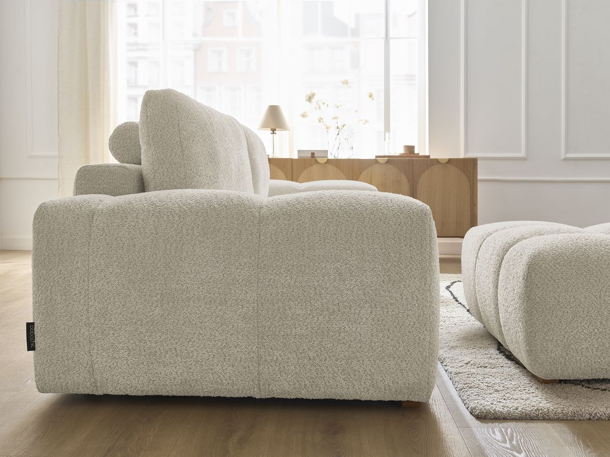 Bobochic Anakin Schlafsofa 3-Sitzer mit Bettkasten und Pouf, 2 Kissen Bouclé-Stoff Beige
