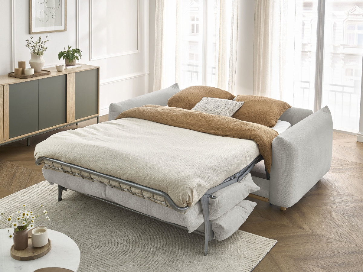 Bobochic Ernest Schlafsofa 3-Sitzer, Liegefläche 190 × 140 / 160 cm Stoff Hellgrau, Liegefläche 160 × 190 cm