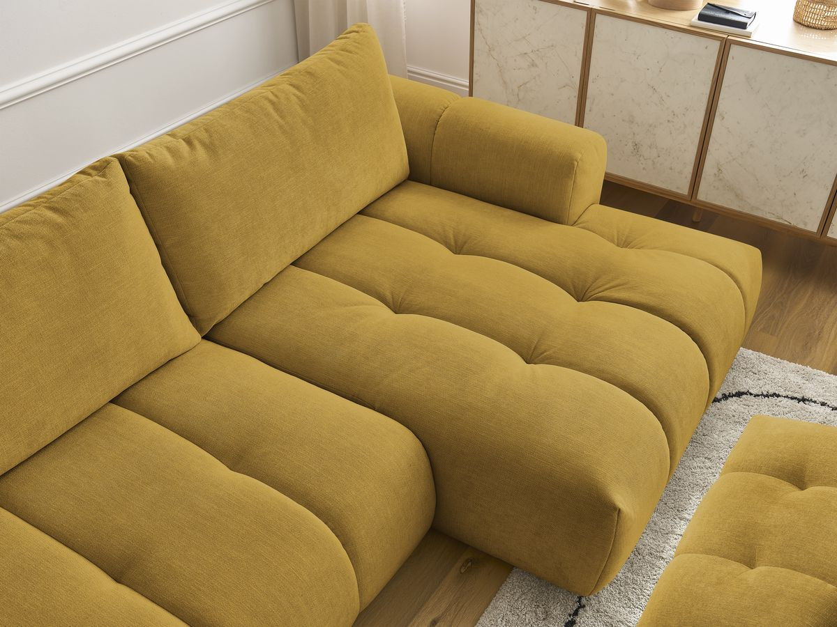 Bobochic Fuji Ecksofa mit Schlaffunktion und Bettkasten und Pouf 292 × 160 cm Stoff Gelb Ecke rechts