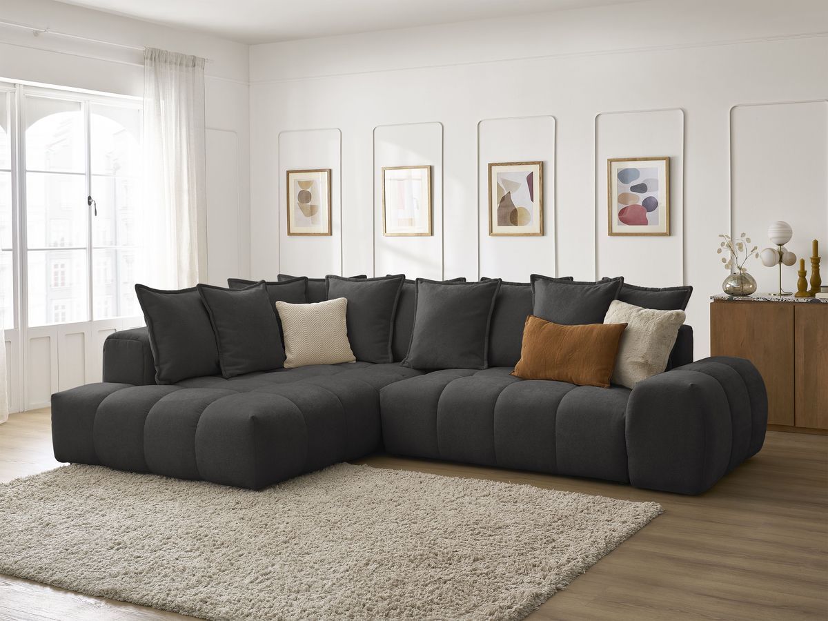 Bobochic Everest Ecksofa mit Schlaffunktion und Bettkasten 320 × 212 cm, 10 Kissen Strukturstoff Schwarz Ecke links