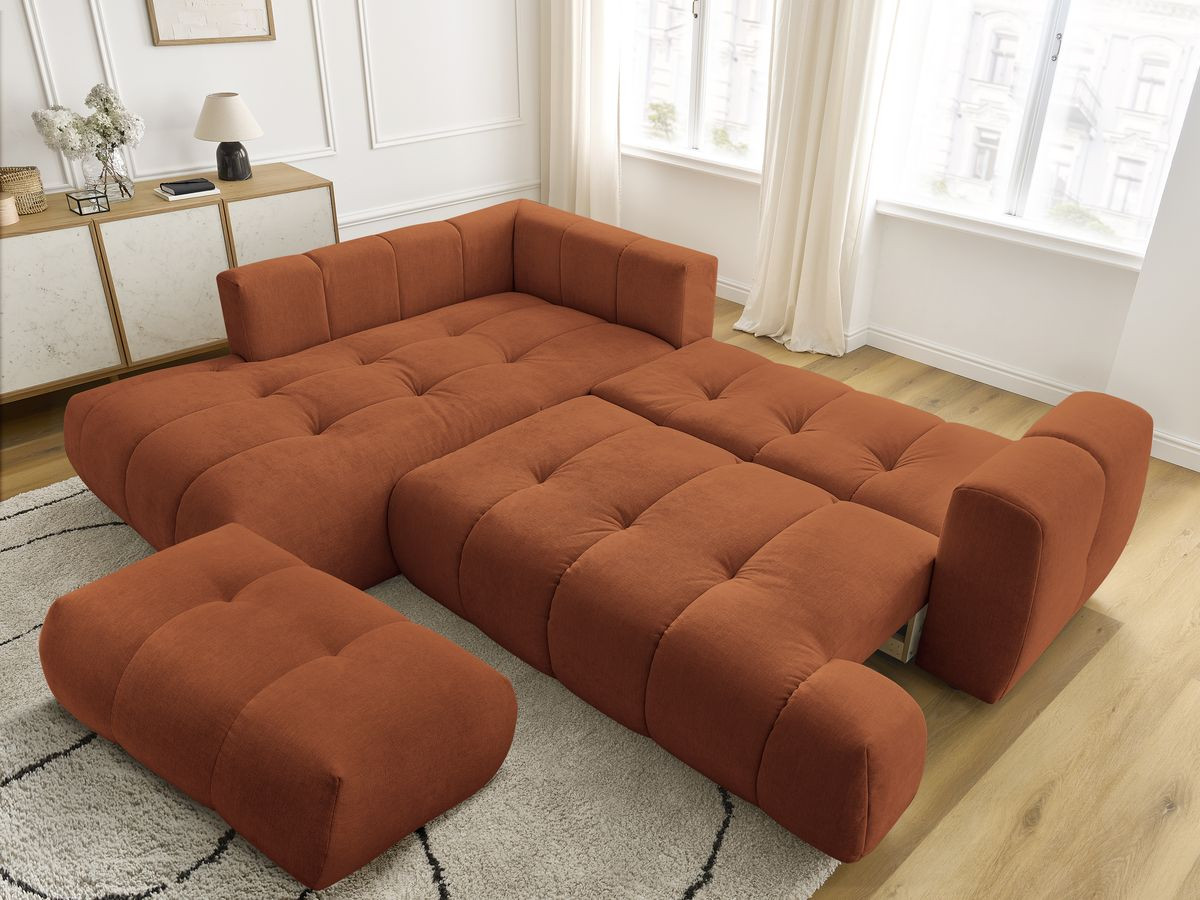 Bobochic Fuji Ecksofa mit Schlaffunktion und Bettkasten und Pouf 282 × 204 cm Stoff Orange Ecke links