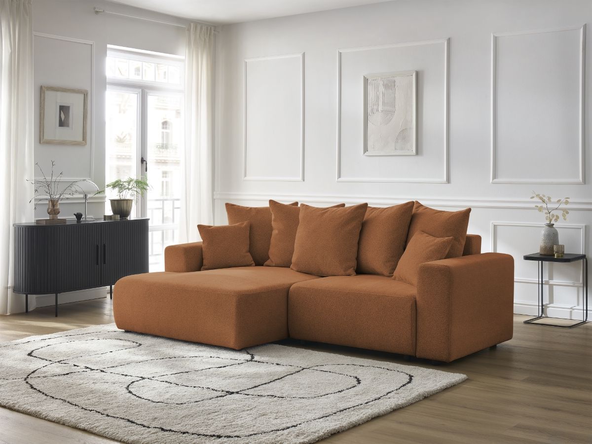 Bobochic Atilla Ecksofa mit Schlaffunktion und Bettkasten Melange-Stoff Orange Ecke links