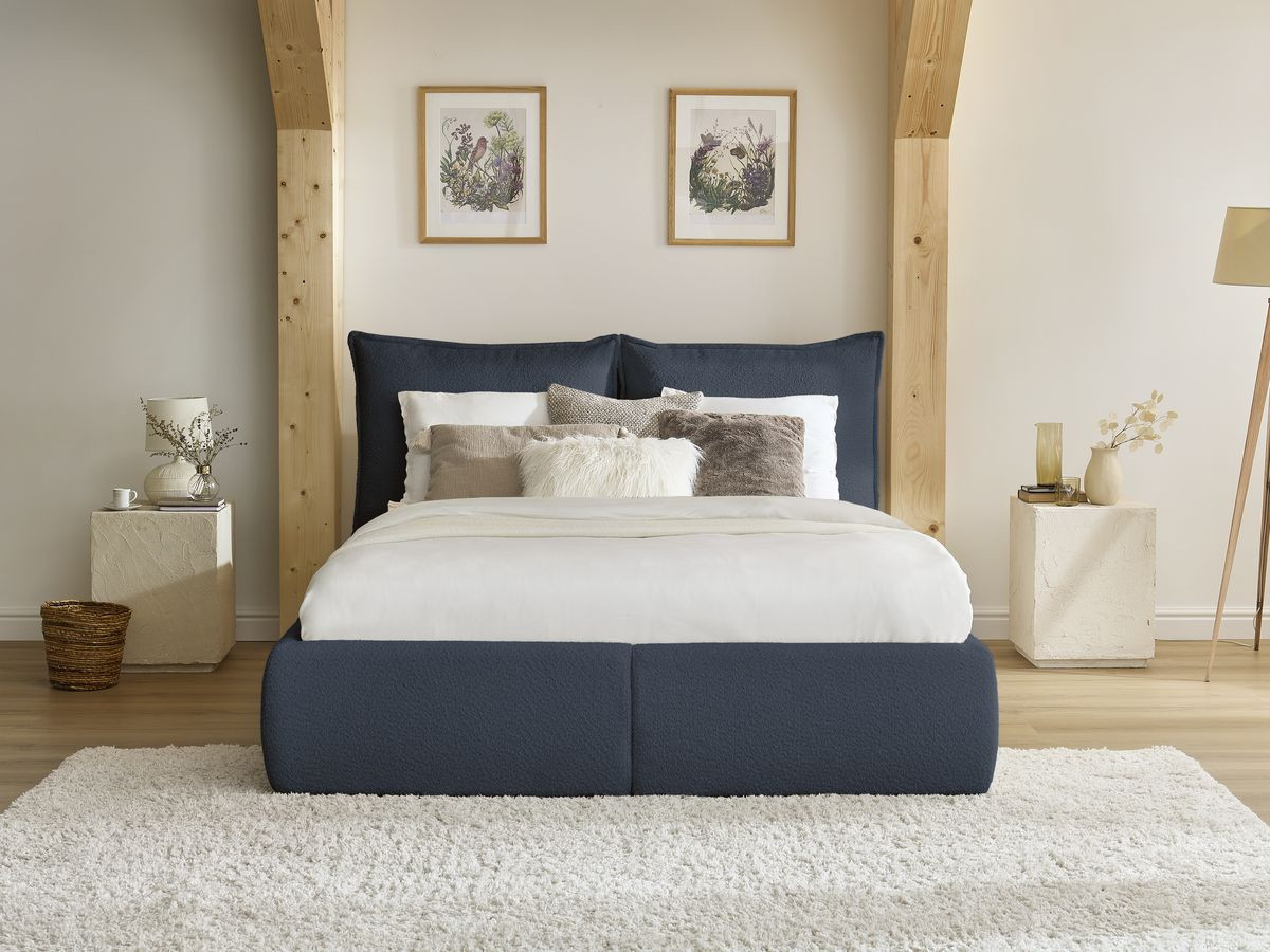 Bobochic Garance Polsterbett mit Bettkasten Bouclé-Stoff Dunkelblau, Liegefläche 160 × 200 cm