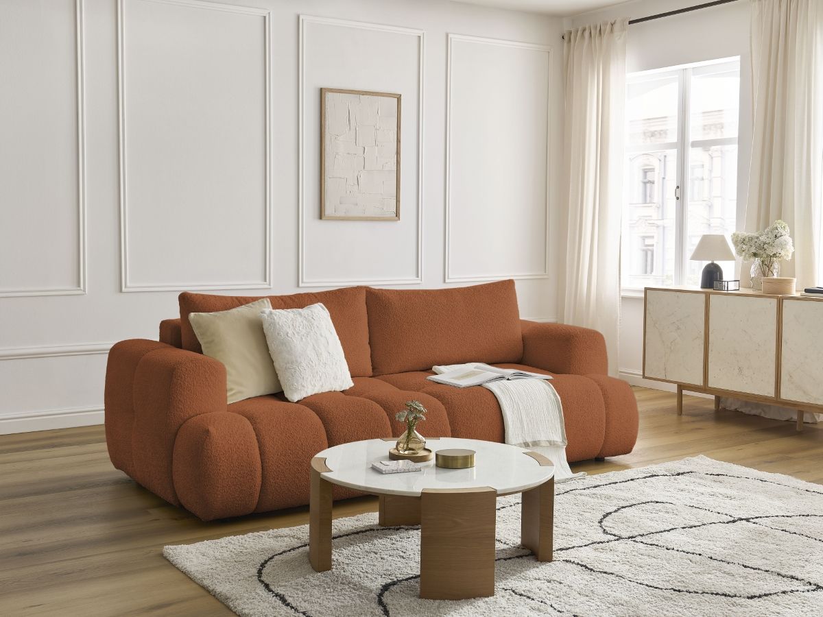 Bobochic Fuji Schlafsofa 3-Sitzer mit Bettkasten Bouclé-Stoff Orange