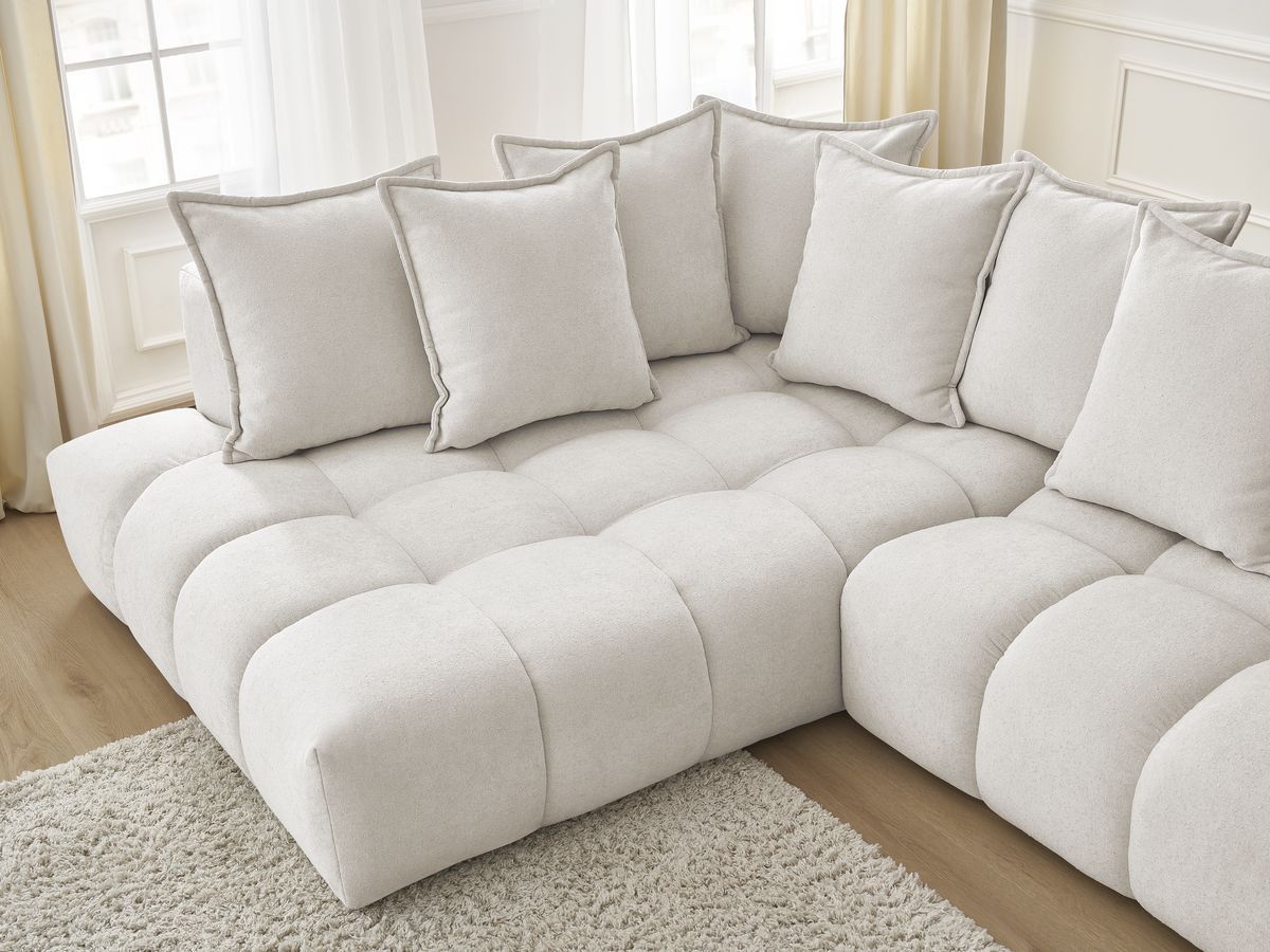 Bobochic Everest Ecksofa mit Schlaffunktion und Pouf, 10 Kissen Strukturstoff Weiß Ecke links