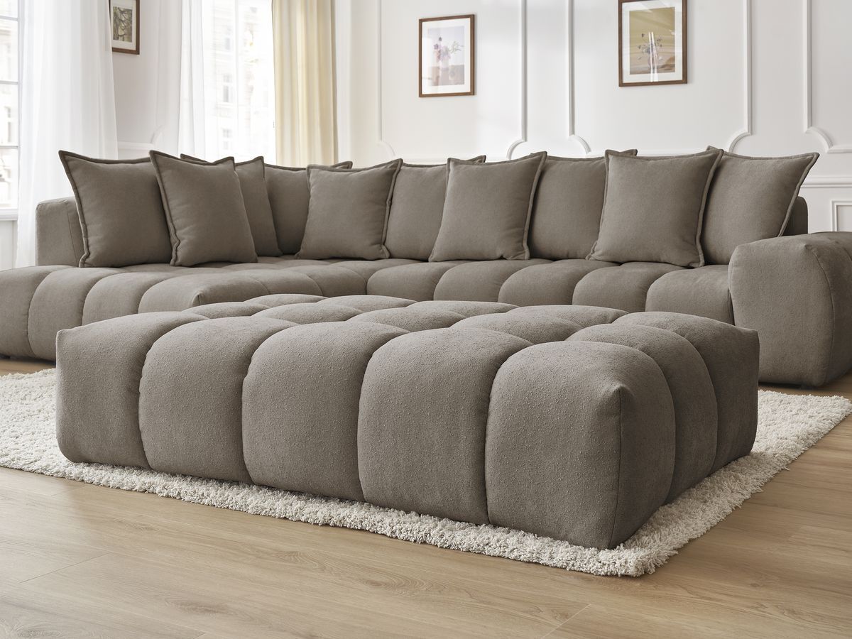 Bobochic Everest Ecksofa mit Schlaffunktion und Pouf, 10 Kissen Strukturstoff Taupe Ecke links