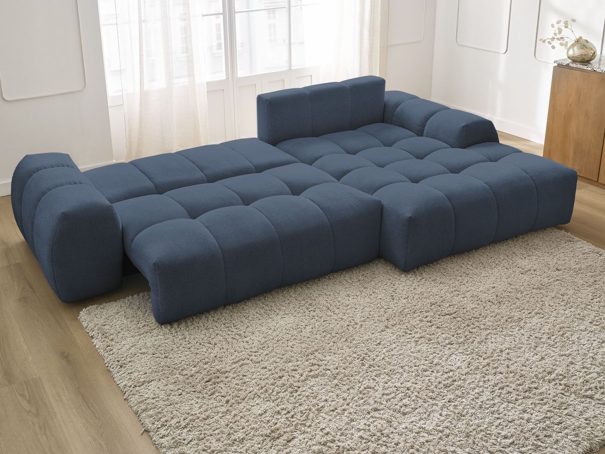 Bobochic Everest Ecksofa mit Schlaffunktion und Bettkasten 318 × 180 cm, 7 Kissen Melange-Stoff Dunkelblau Ecke rechts